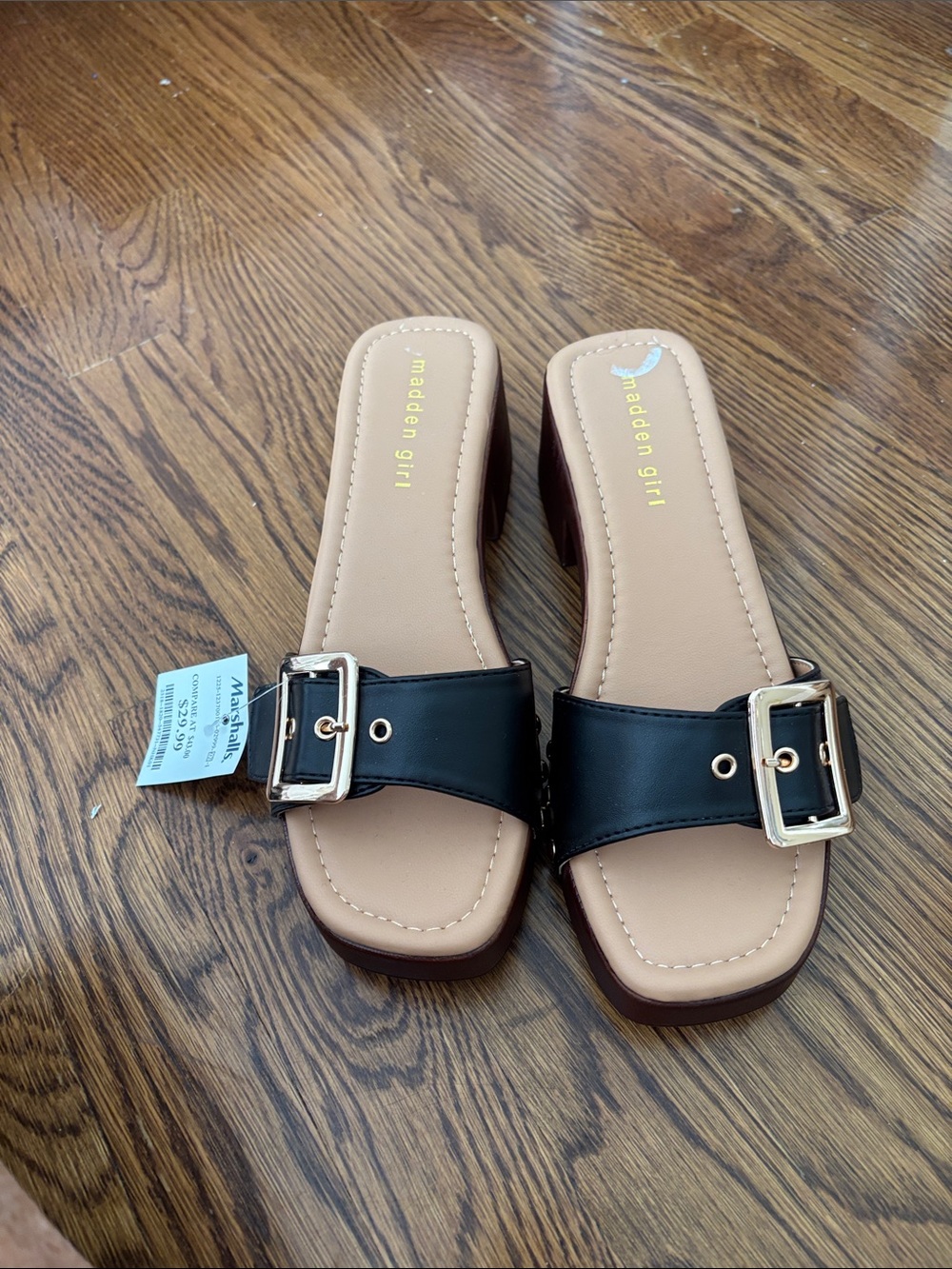 Madden Girl Black Slide Mules with Gold Buckles
